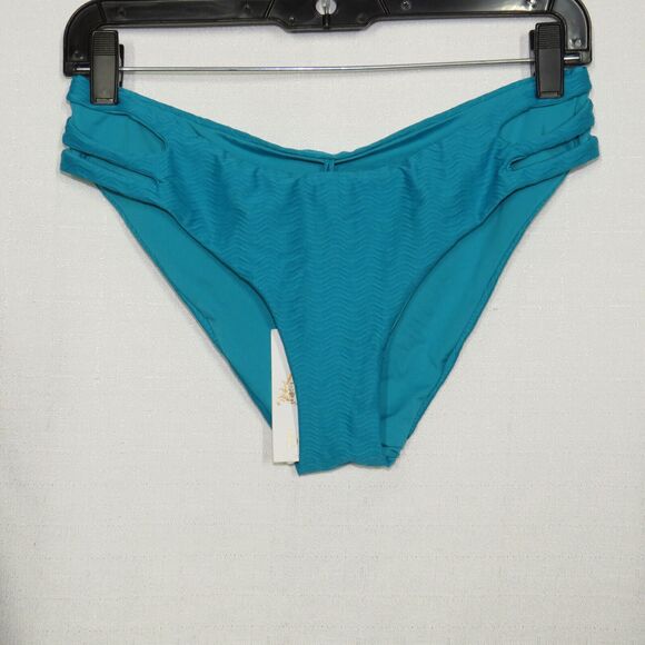 Becca Vibes Blue Textured Peek-A-Boo-Sides Hipster Bikini Swim Bottoms Size M - Picture 6 of 7